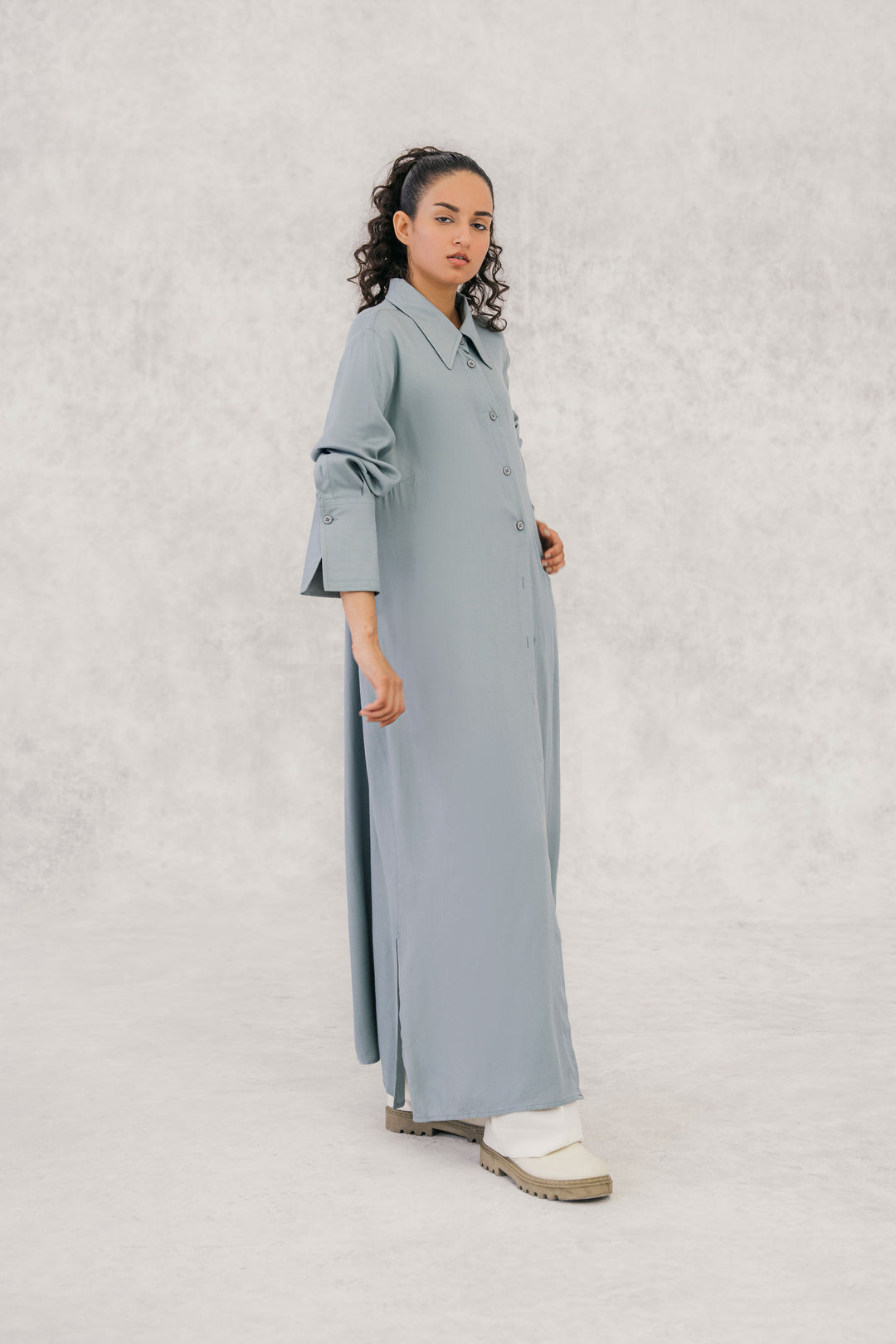 Dusty Blue Twill Textured Long Shirt dress