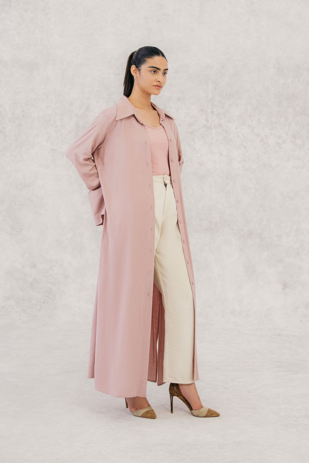 Dusty Pink Twill Textured Long Shirt dress