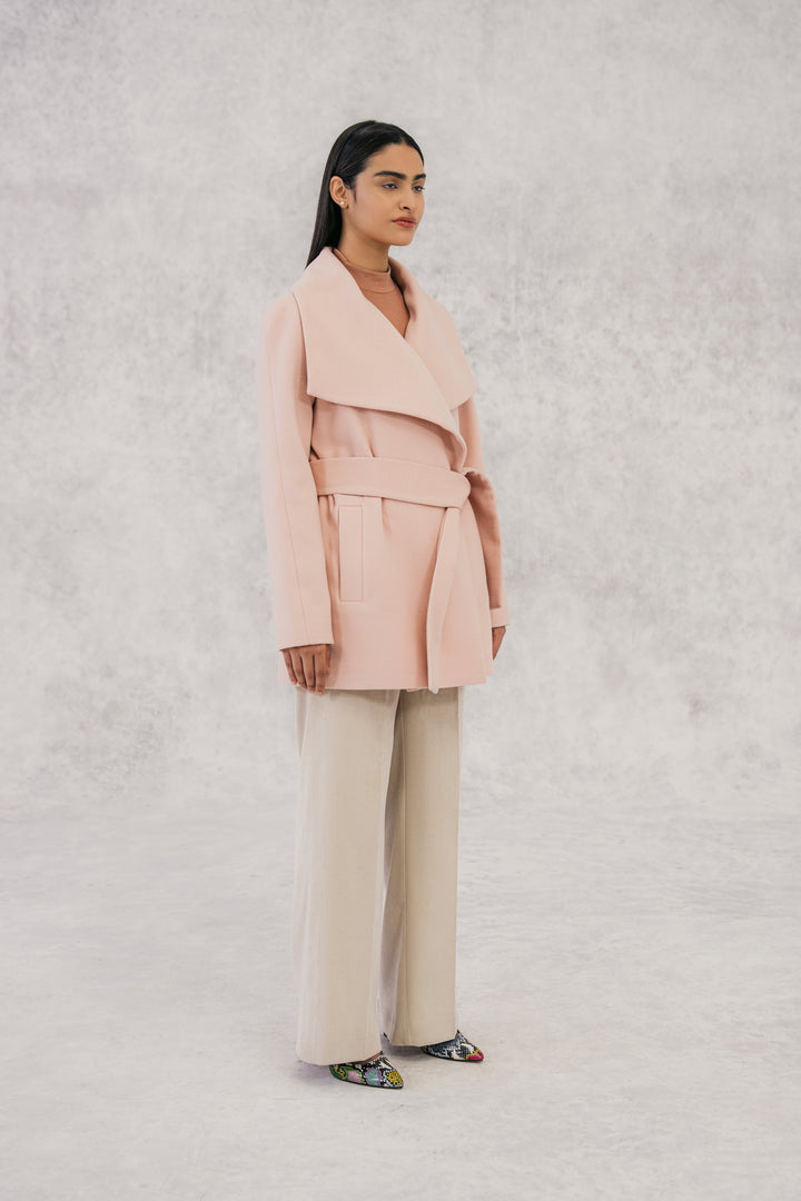 Powder Pink Wide Lapel Jacket with Belt