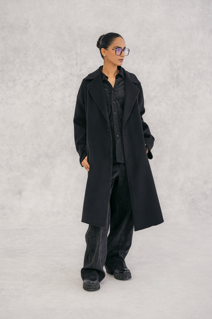 Black Two Button Wool Overcoat