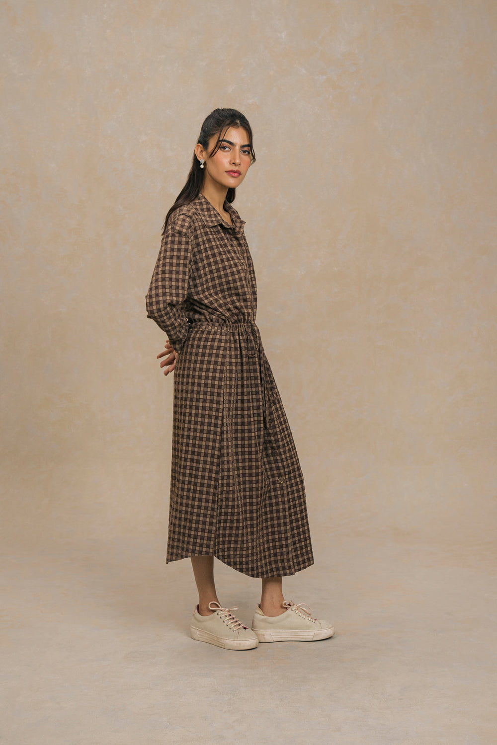 BROWN JACQUARD FABRIC LONG LENGTH SHIRT