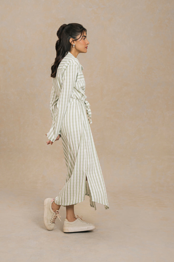 Dusty Green Striped Long Dress in Pakistan