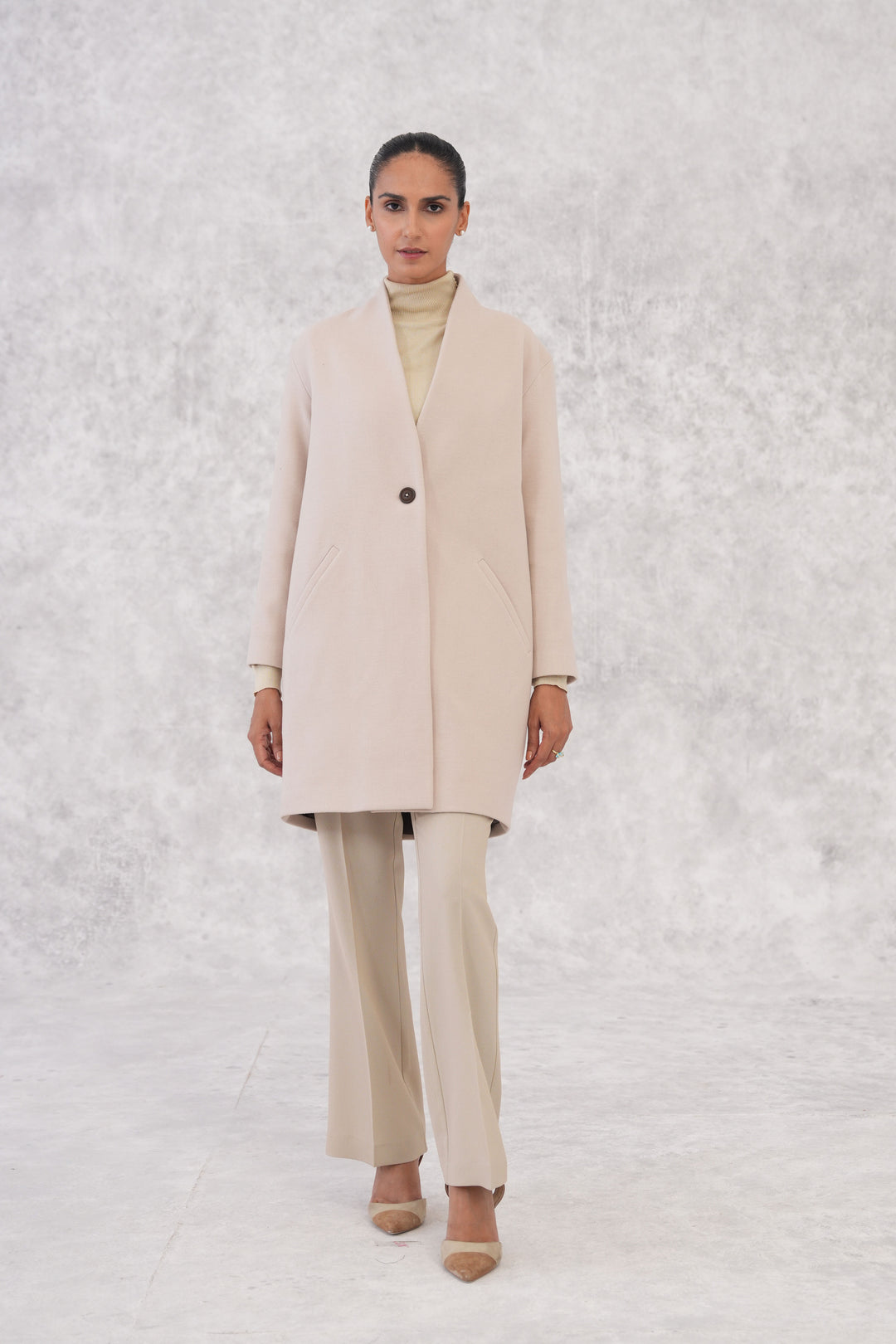 Ivory Wool Coat Without Lapel