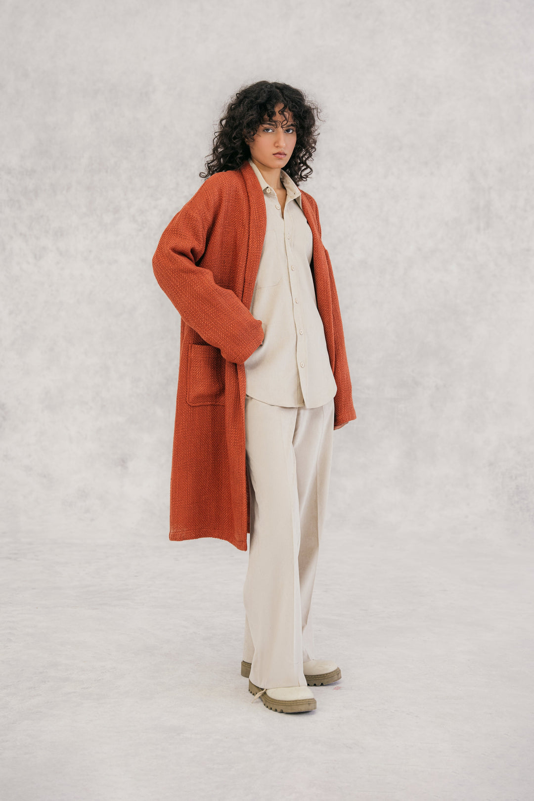 Rust Textured Wool Blended Cardigan