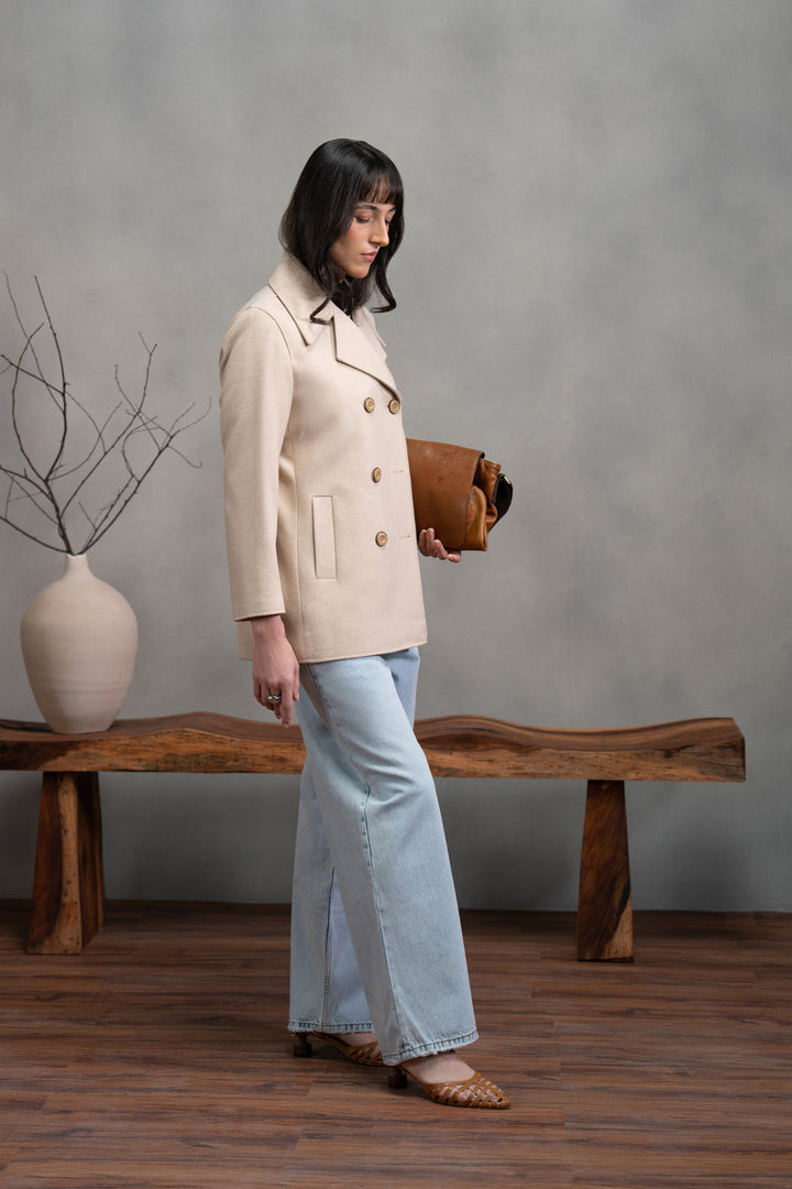 Off White Wool Double Breasted Coat