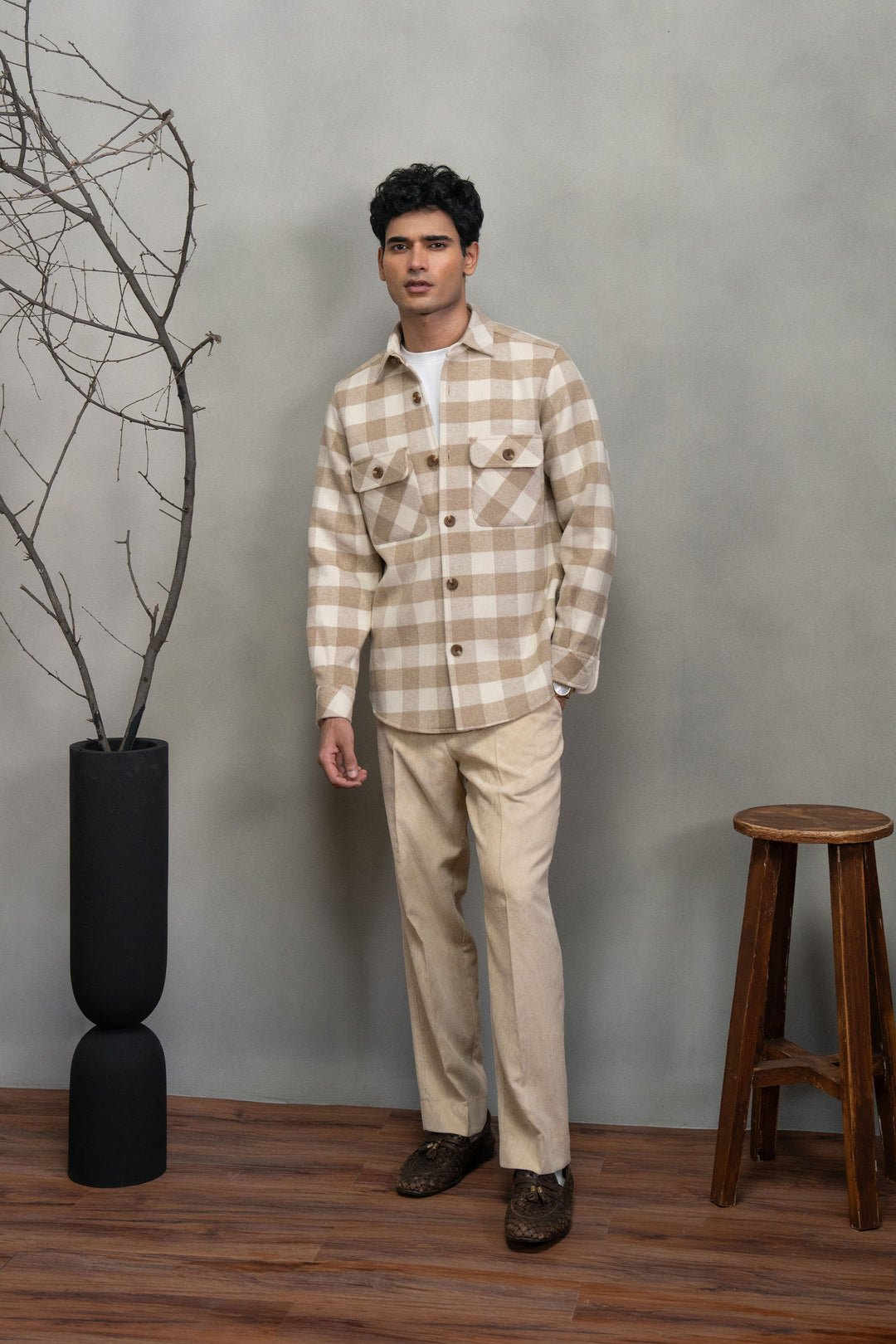 Beige Check Wool Shirt