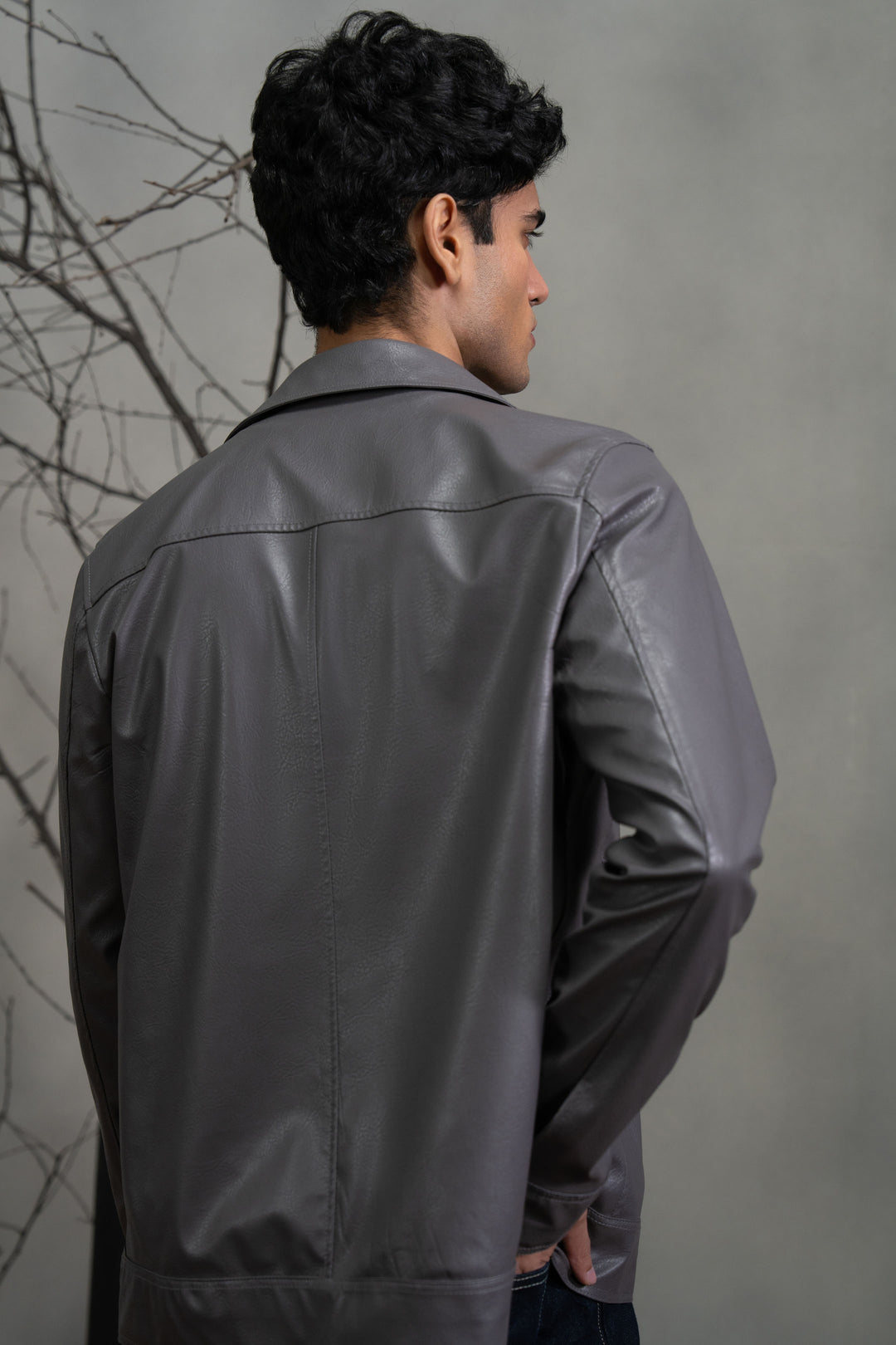 Grey Leather Effect Trucker Jacket