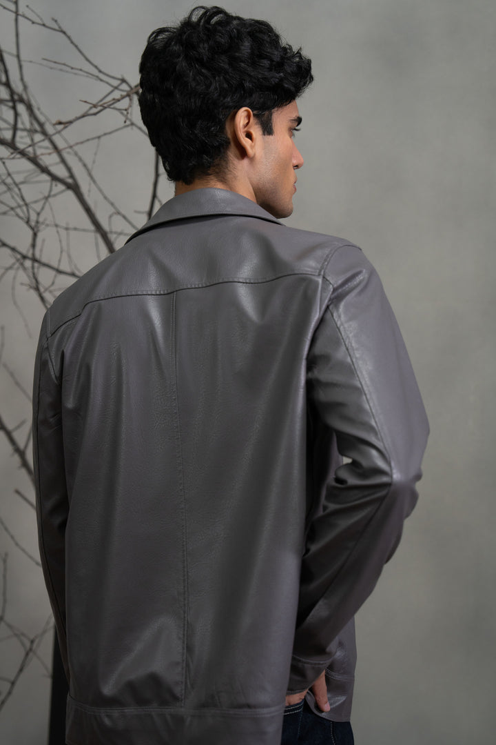 Grey Leather Effect Trucker Jacket