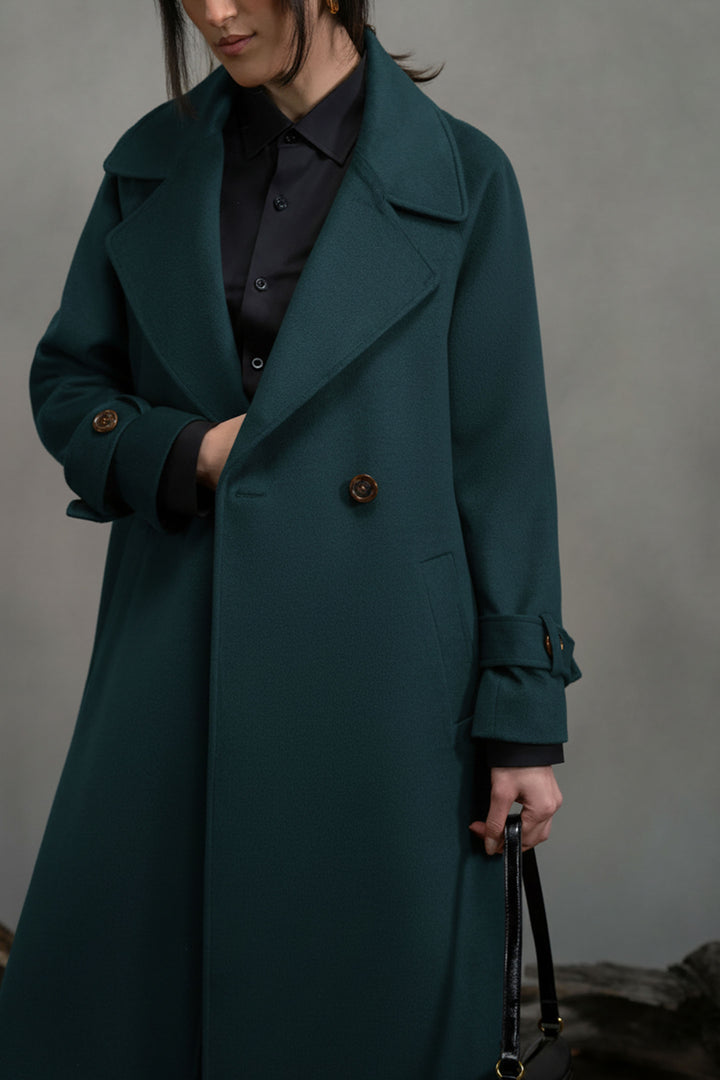 Teal Wool Double Breasted Long Coat