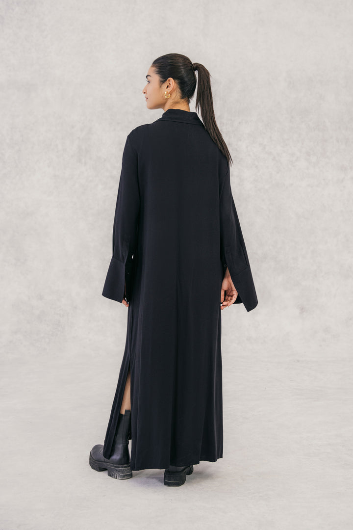 Black Twill Textured Long Shirt Dress