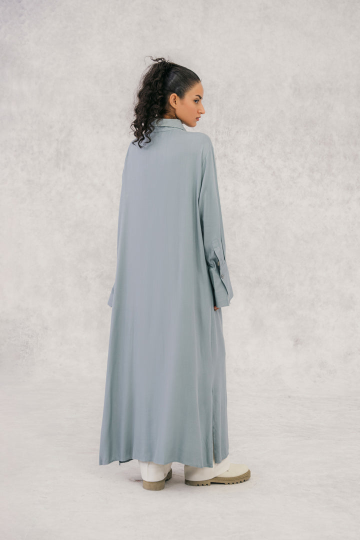 Dusty Blue Twill Textured Long Shirt dress