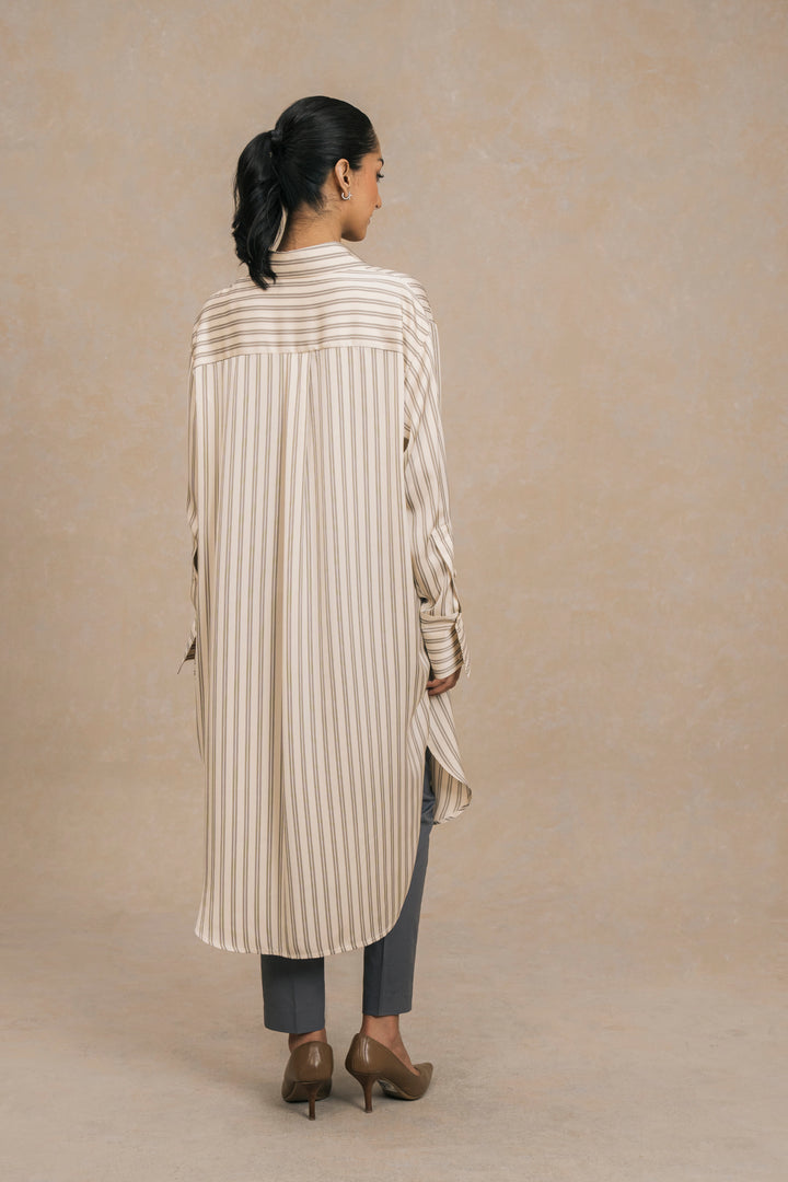 Cream Striped Long Shirt for Women