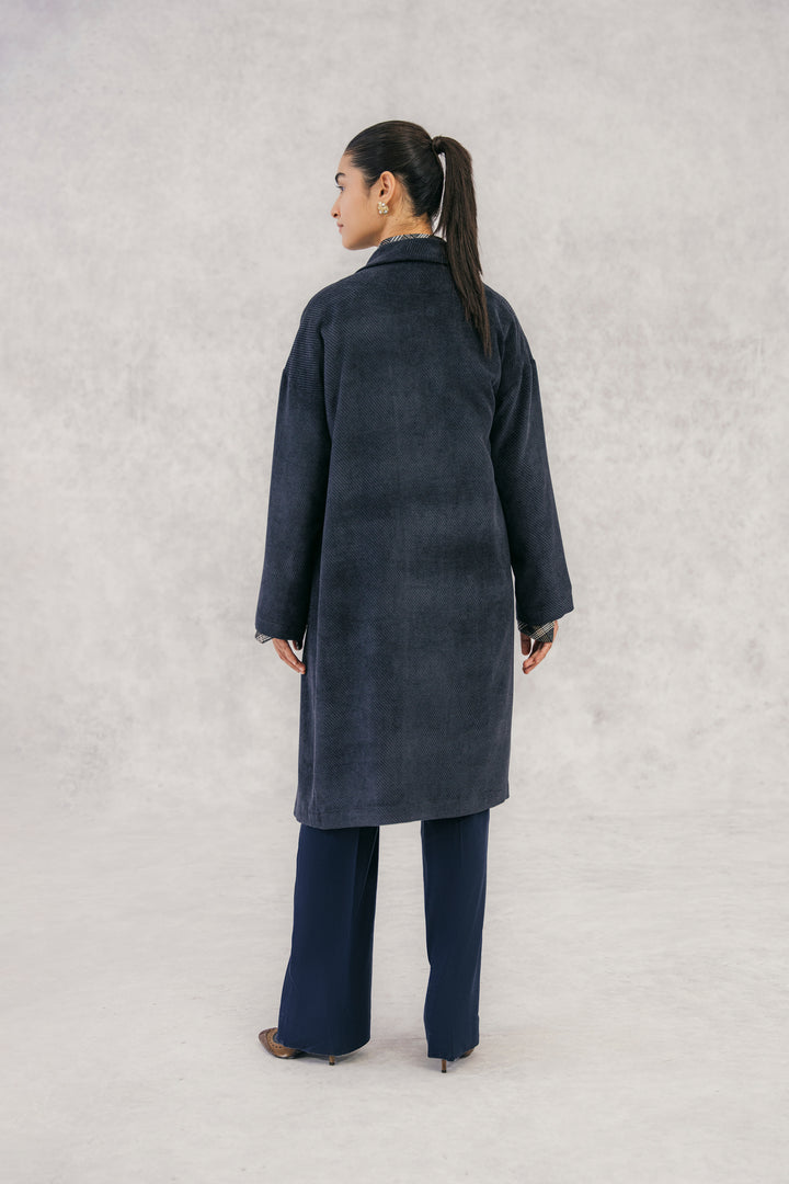 Navy Textured Wool Blended Cardigan