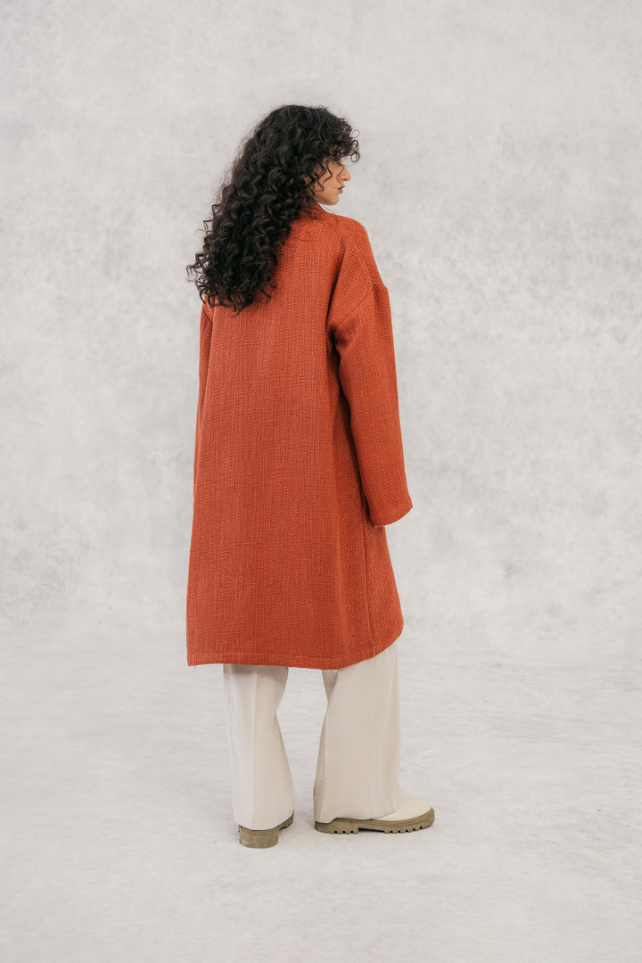 Rust Textured Wool Blended Cardigan