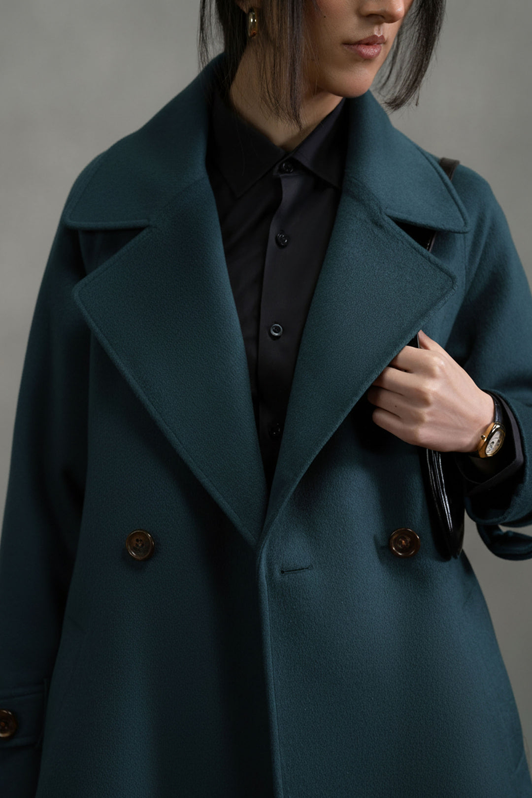Teal Wool Double Breasted Long Coat