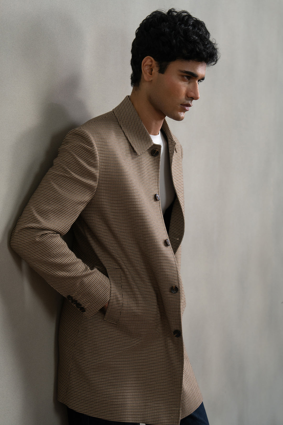 Brown Houndstooth Long Coat