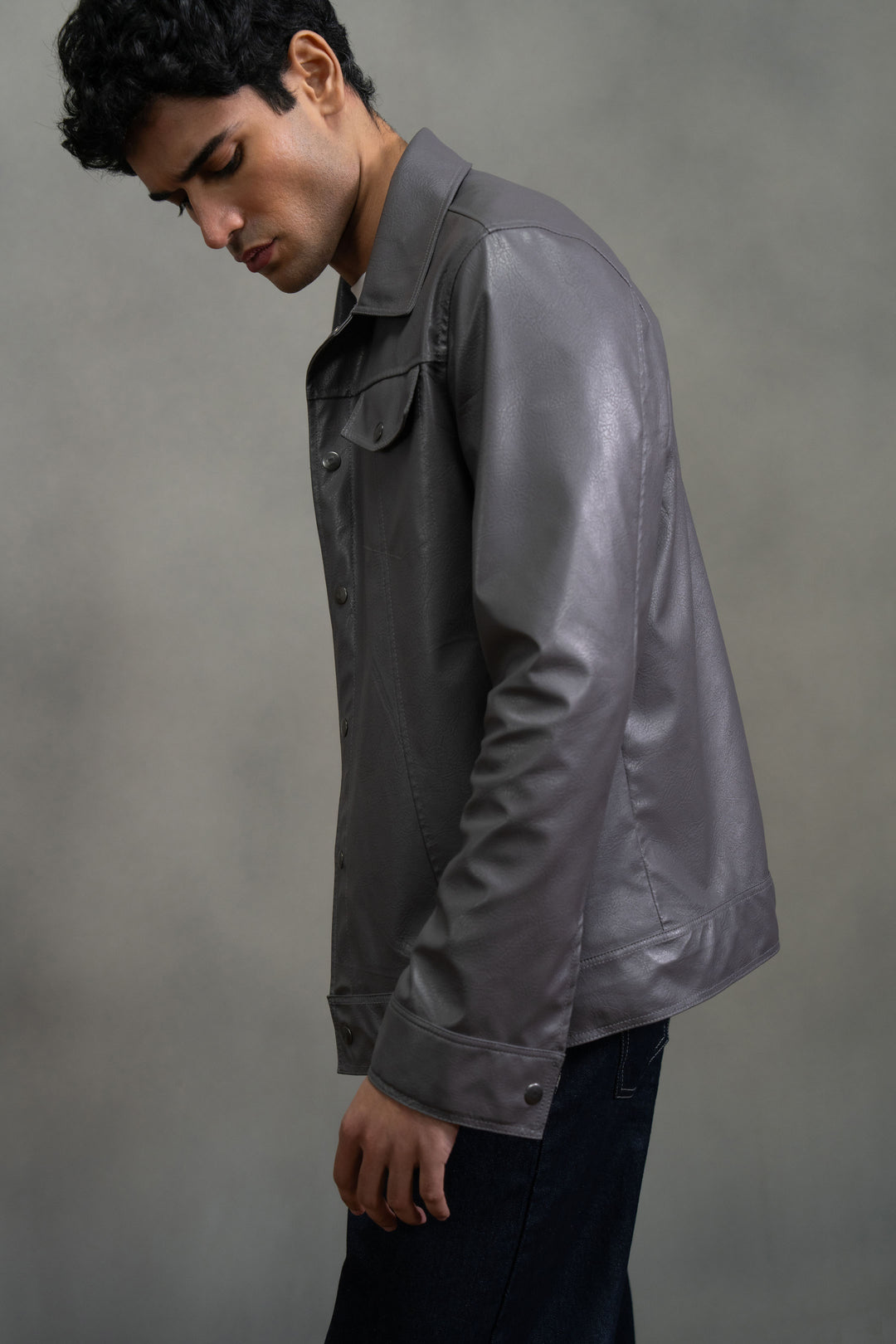 Grey Leather Effect Trucker Jacket