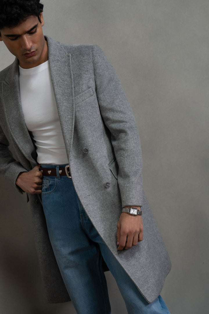 Grey Double Breasted Long Coat