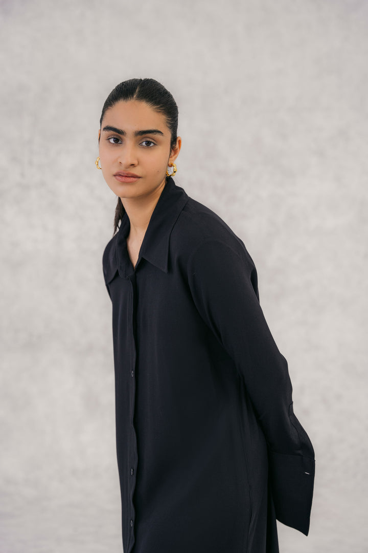 Black Twill Textured Long Shirt Dress