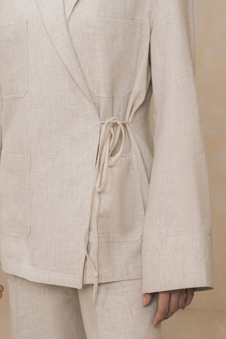 Beige Linen Kimono Suit