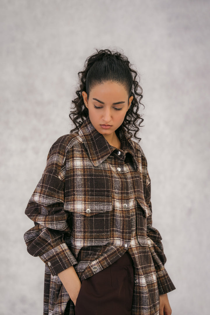 Brown Wool Overshirt with Four Pockets