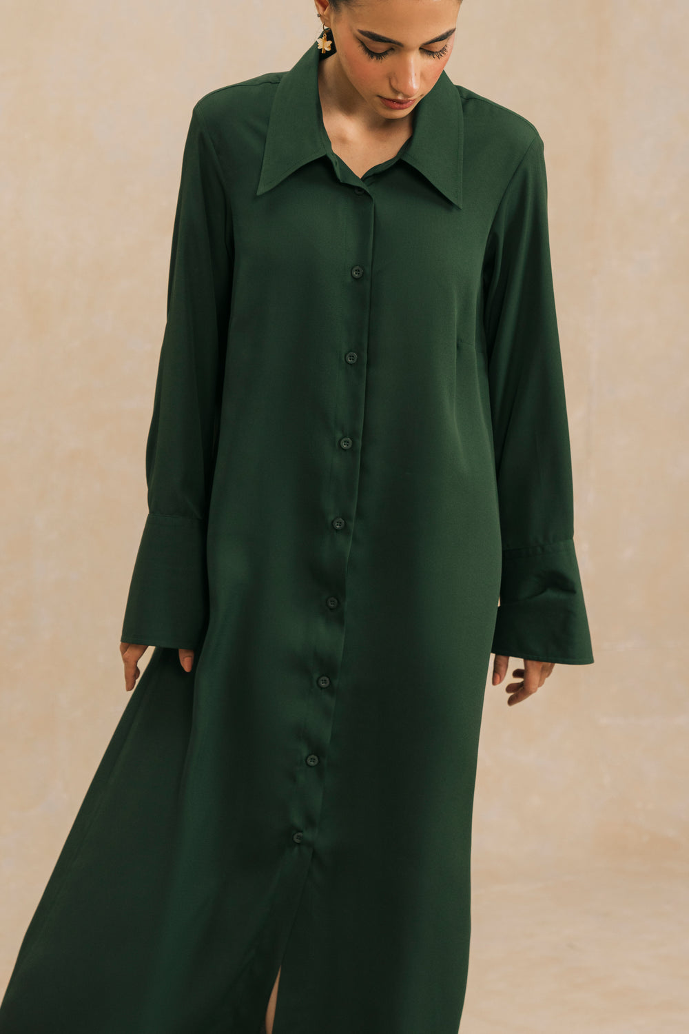 DARK GREEN LONG FLOWY SHIRT DRESS