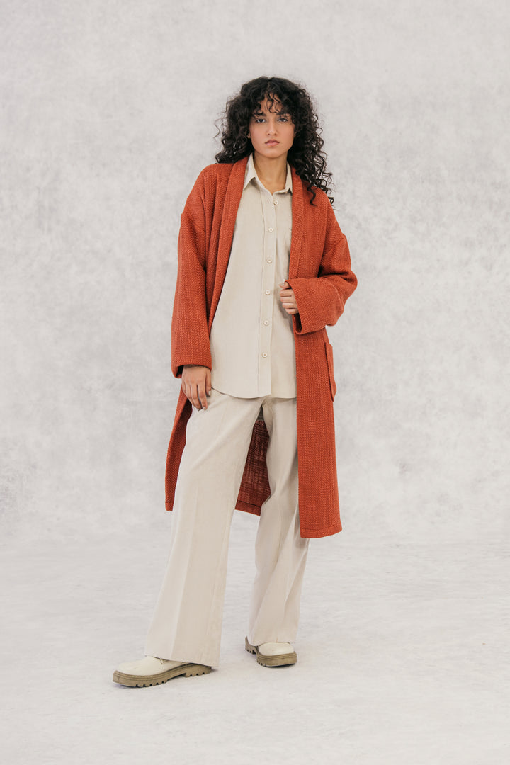 Rust Textured Wool Blended Cardigan