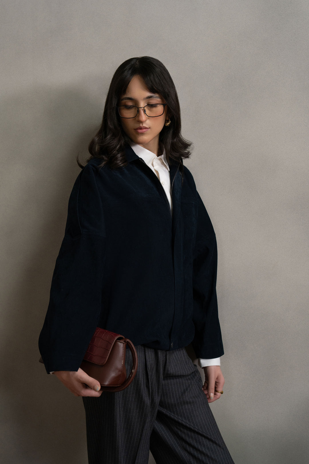 Navy Suede Bomber Jacket