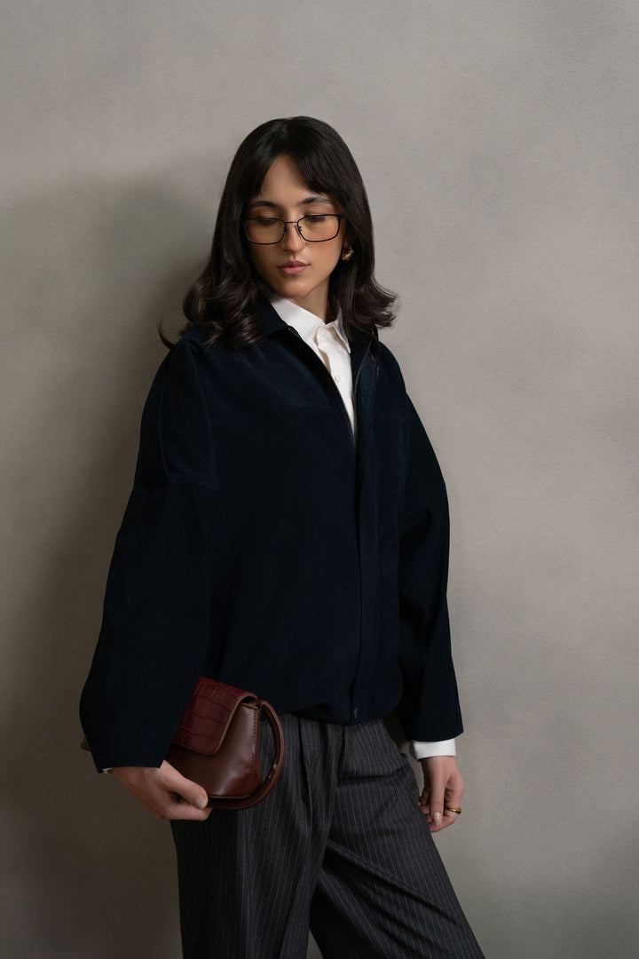 Navy Suede Bomber Jacket