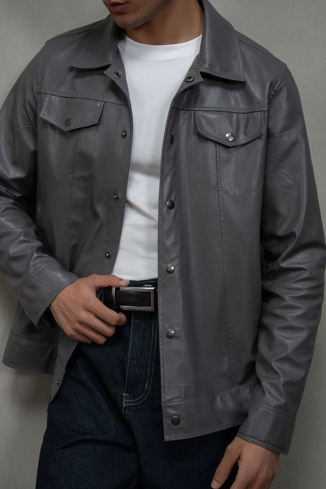Grey Leather Effect Trucker Jacket