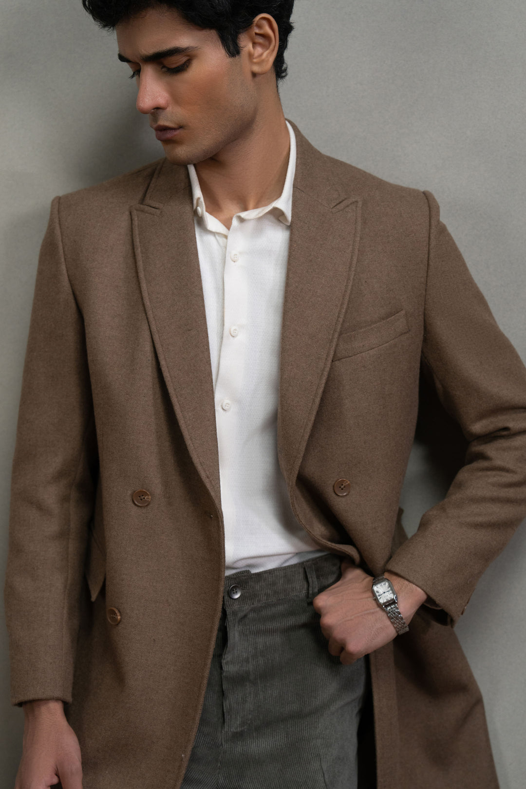Brown Double Breasted Long Coat