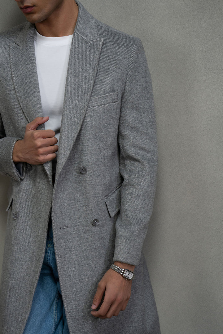 Grey Double Breasted Long Coat