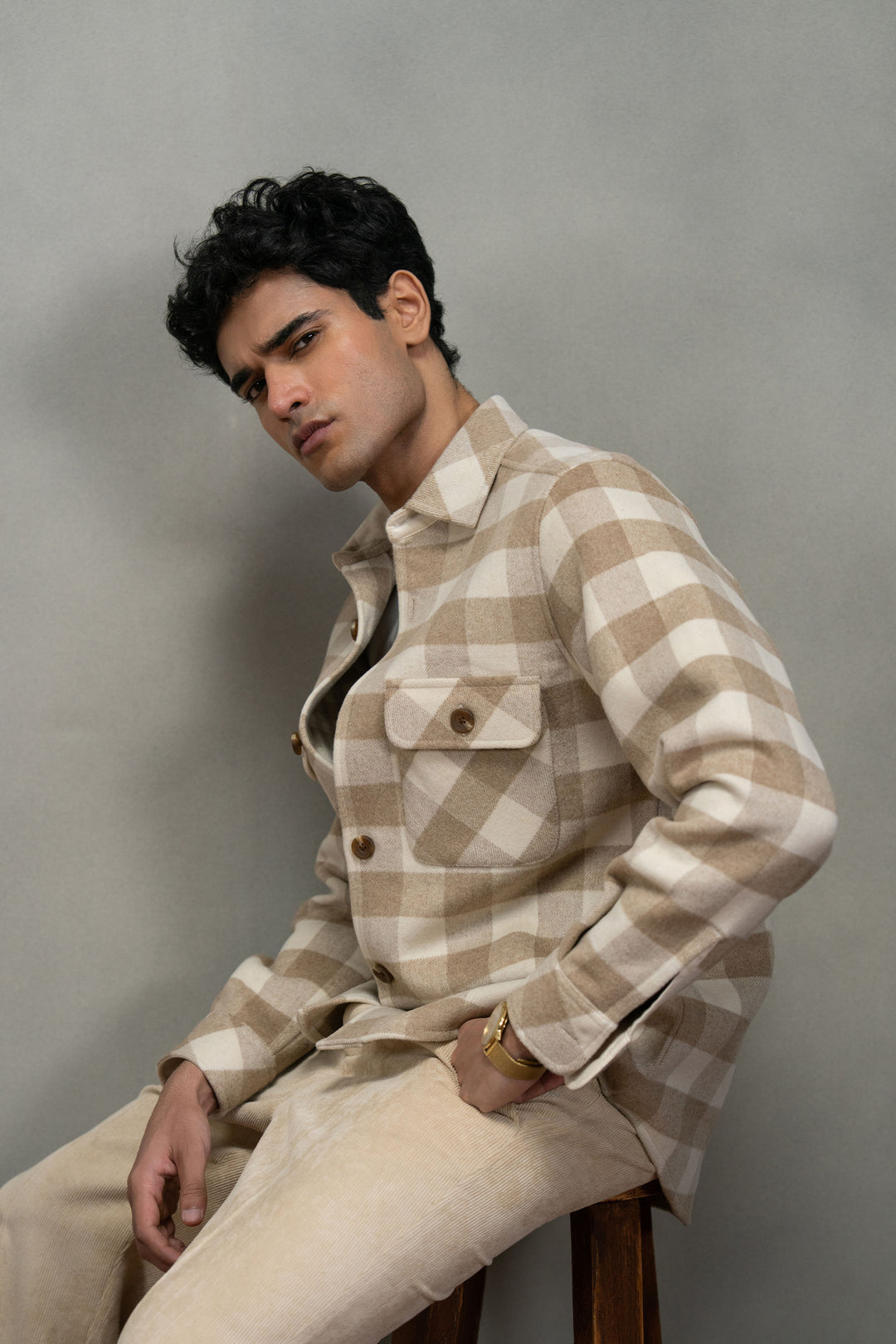 Beige Check Wool Shirt