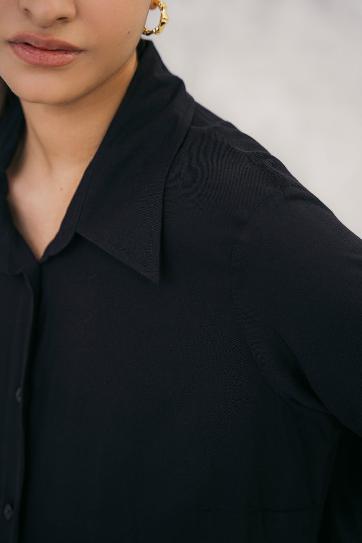 Black Twill Textured Long Shirt Dress