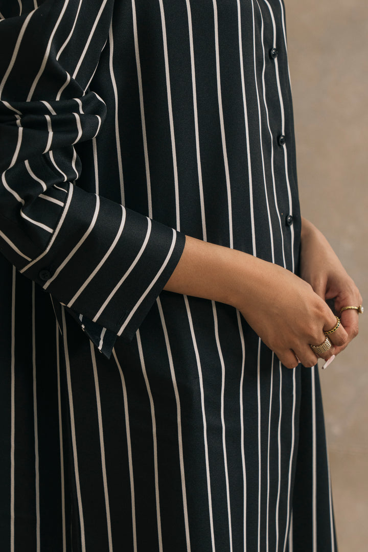 Black White Striped Knee Length Shirt