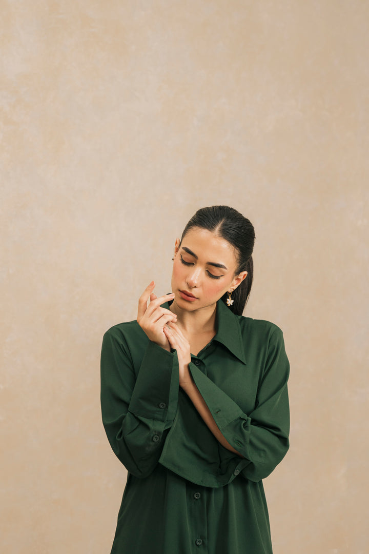 Dark Green Long Flowy Shirt Dress