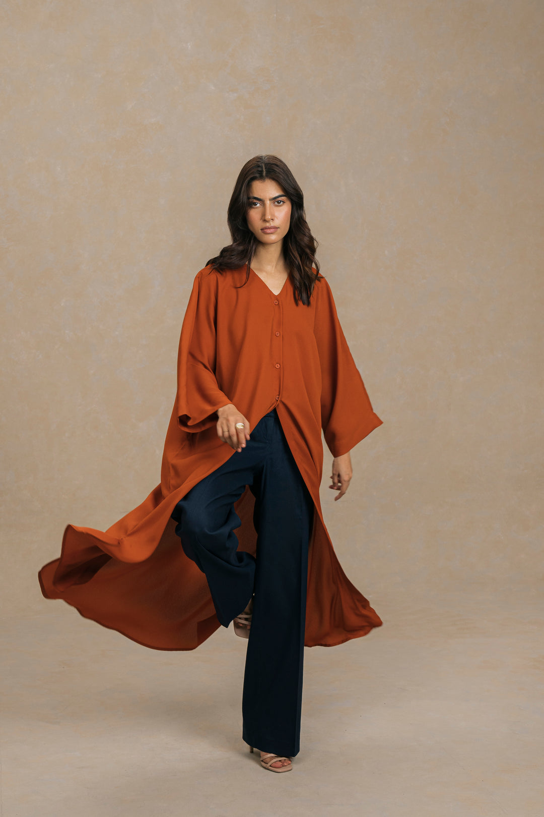 Orange V Neck Flowy Knee Length Shirt