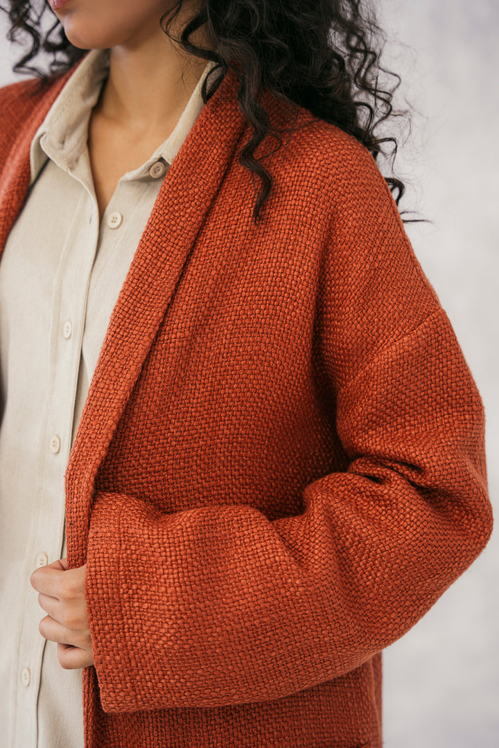 Rust Textured Wool Blended Cardigan