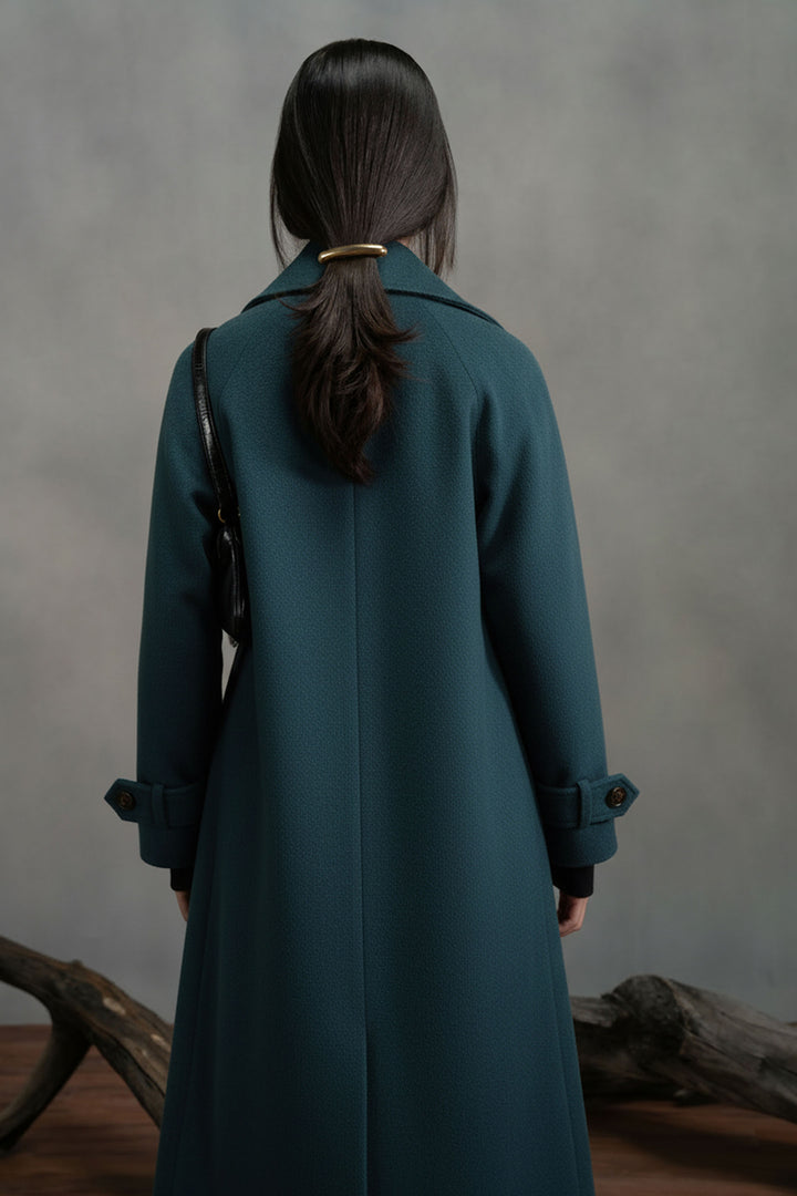 Teal Wool Double Breasted Long Coat
