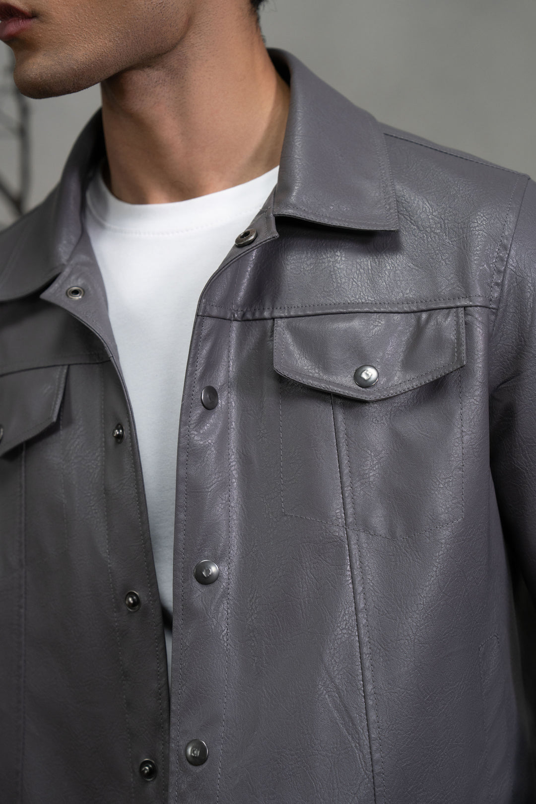 Grey Leather Effect Trucker Jacket