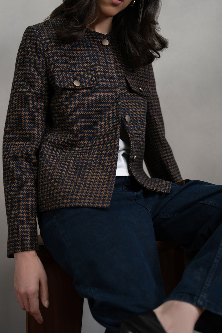 Textured Navy Round Neck Jacket