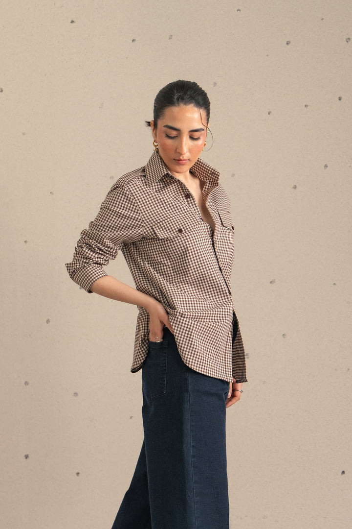 Brown Check Shirt With Shoulder Tab