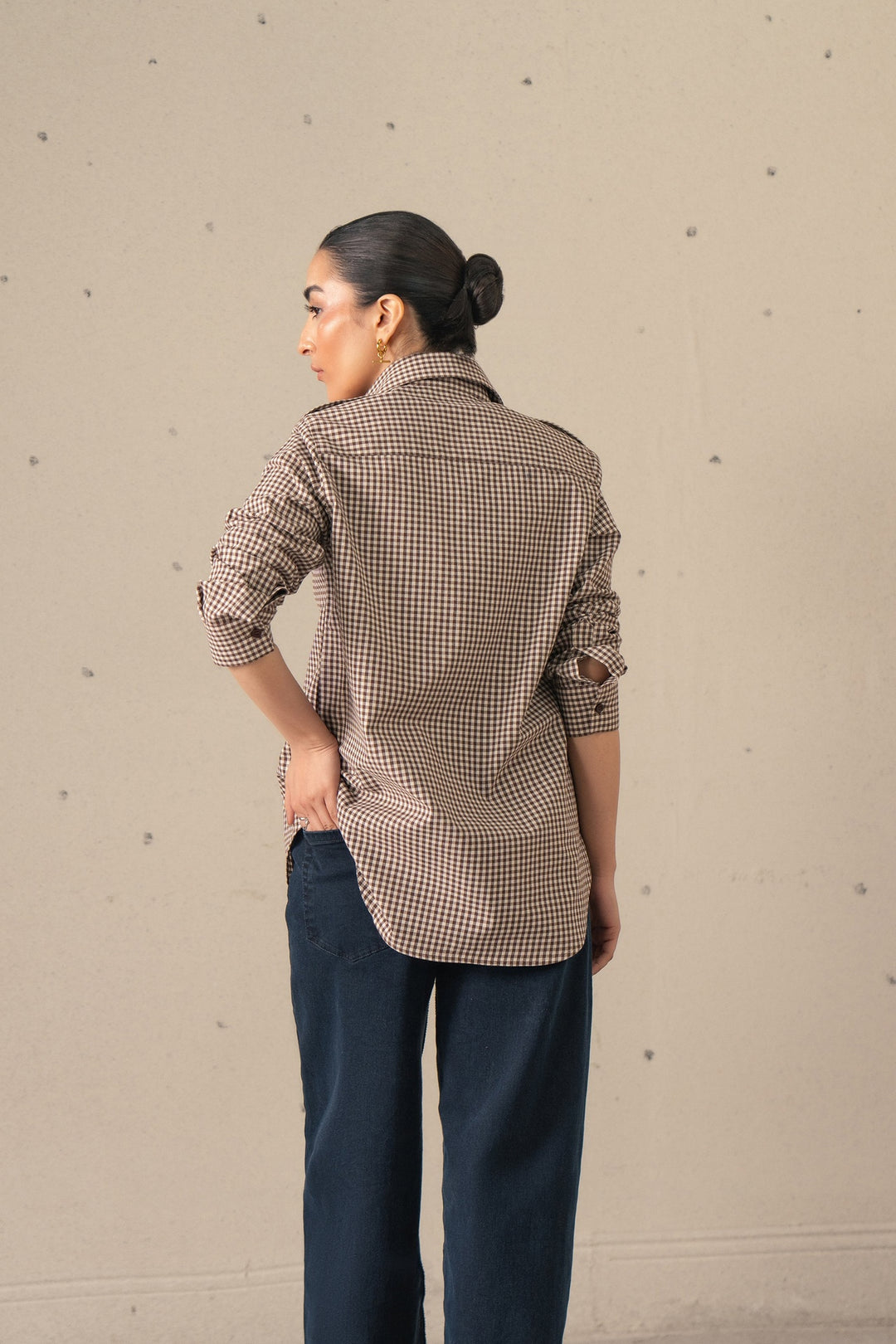 Brown Check Shirt With Shoulder Tab