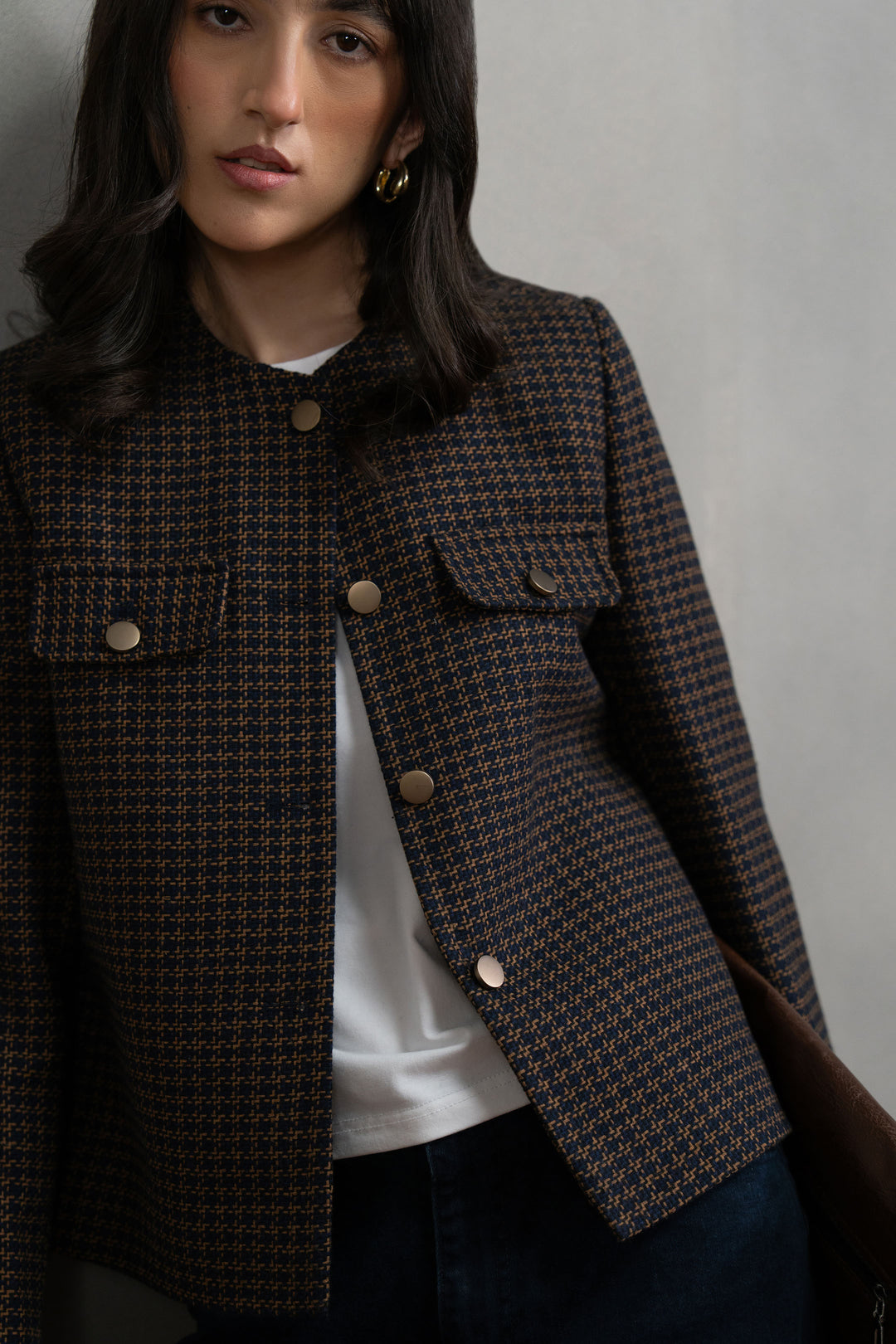 Textured Navy Round Neck Jacket