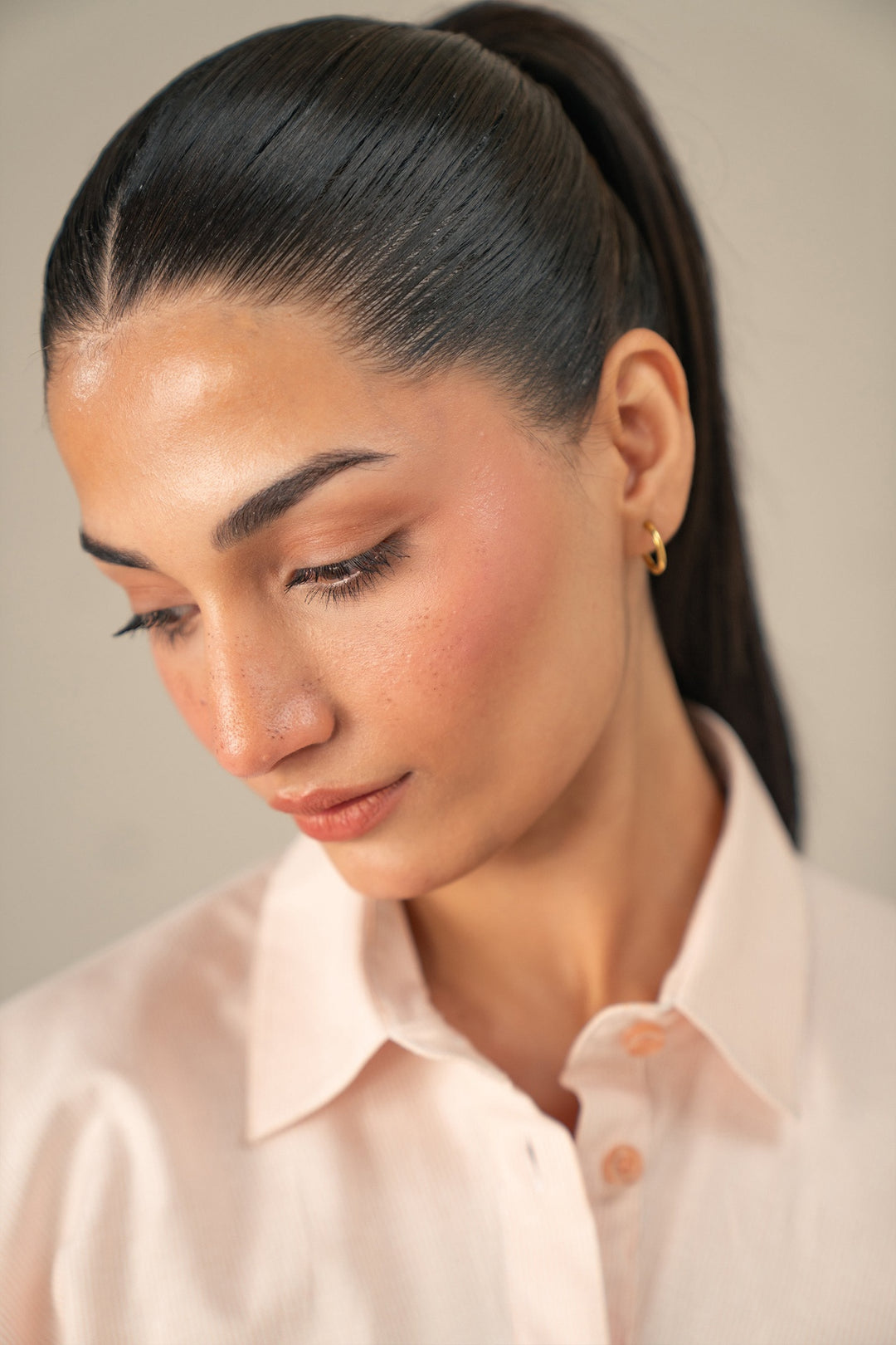 Beige Striped Shirt With Yoke Detail