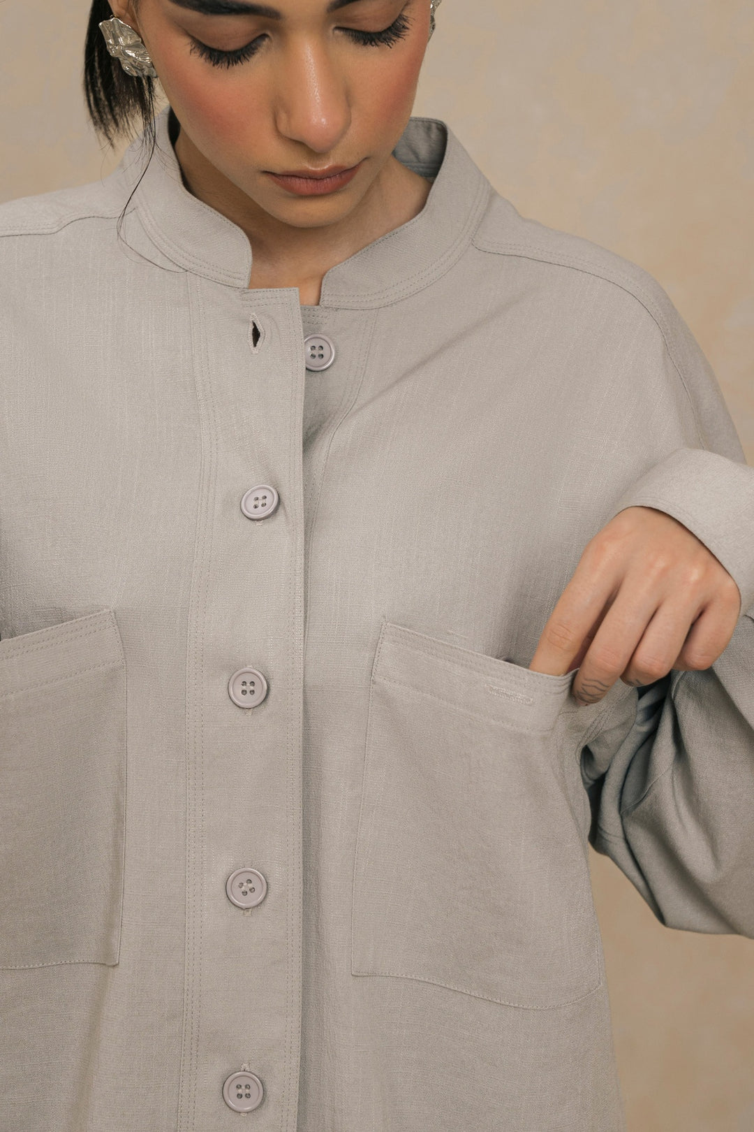 Grey Mandarin Collar Shirt