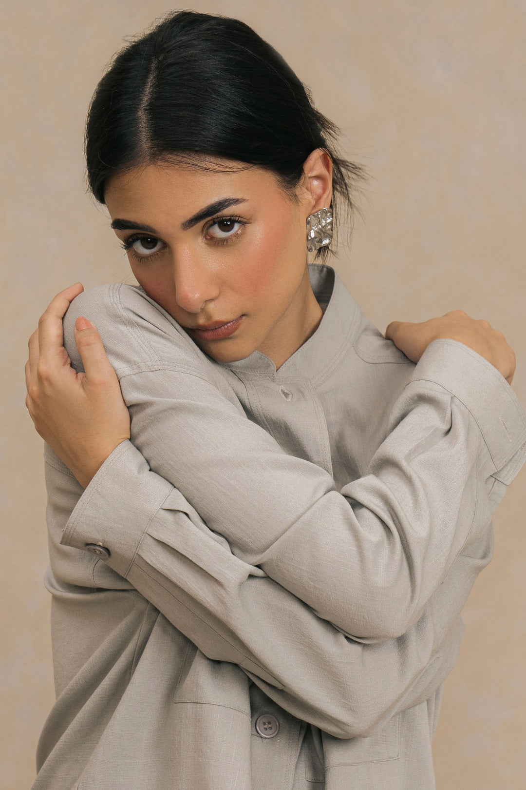 Grey Mandarin Collar Shirt