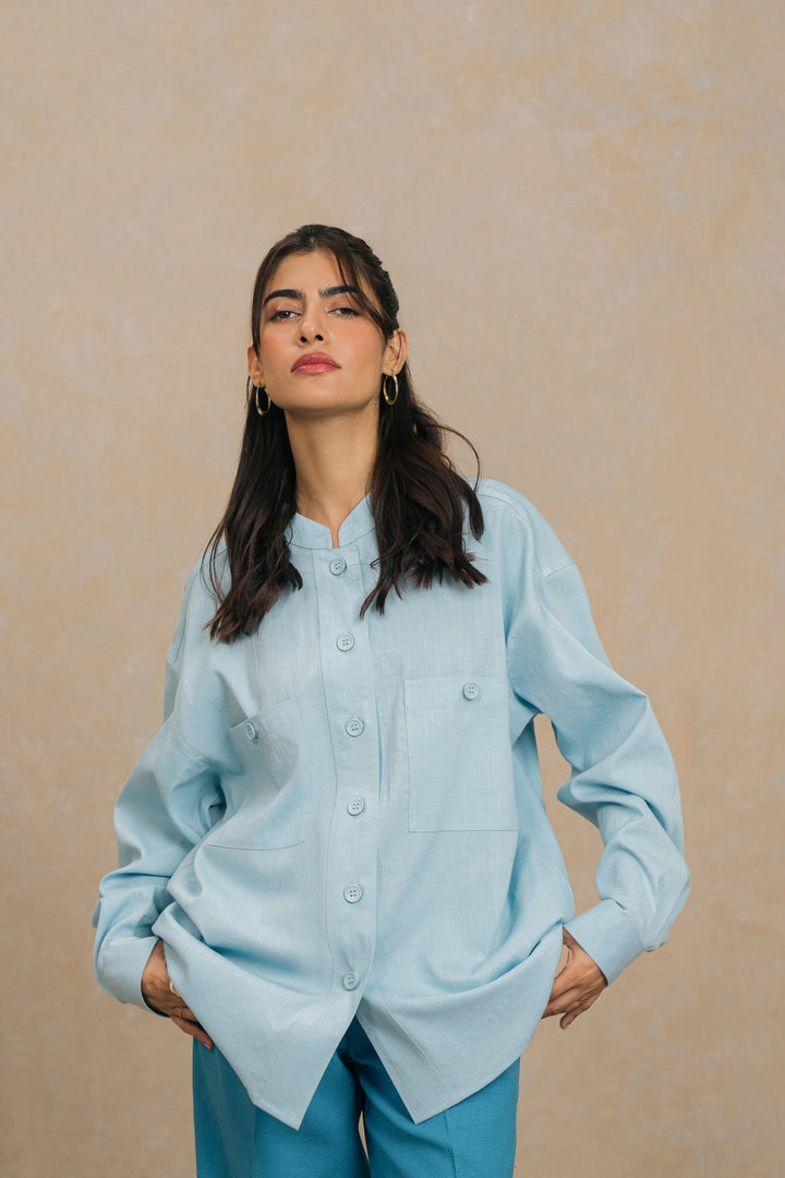 Sky Blue Mandarin Collar Shirt