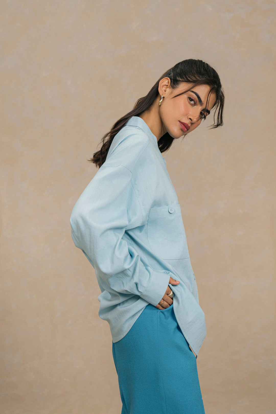Sky Blue Mandarin Collar Shirt
