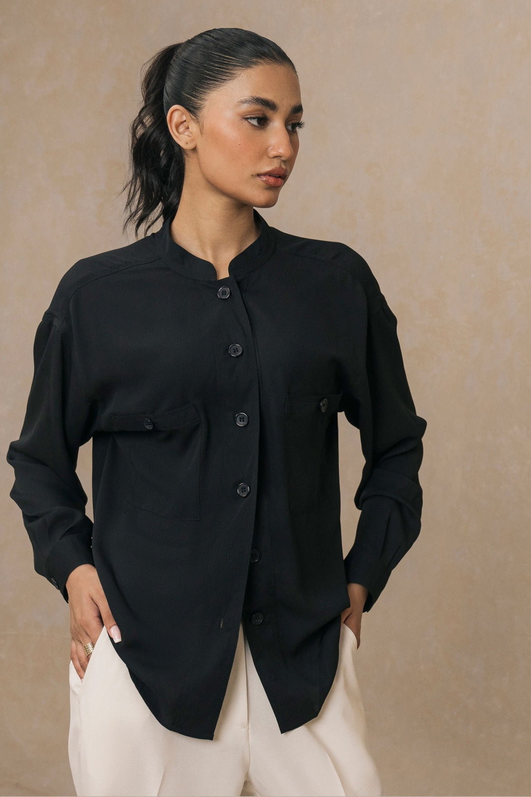 Black Mandarin Collar Shirt